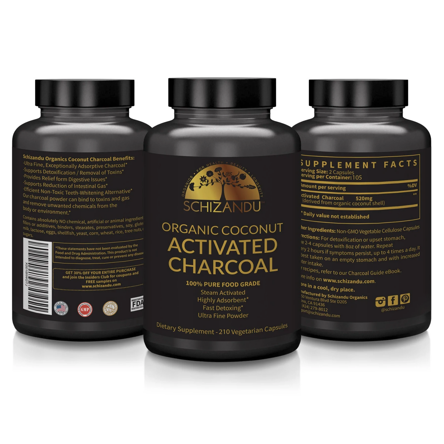 Activated Charcoal Capsules from Coconut, Organic, Gelatin-Free, 100% Pure, 210 count
